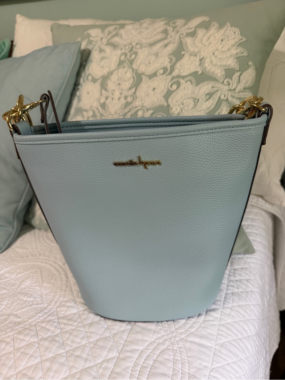 Nanette Lepore Light Blue Leather Bucket Shoulder Bag